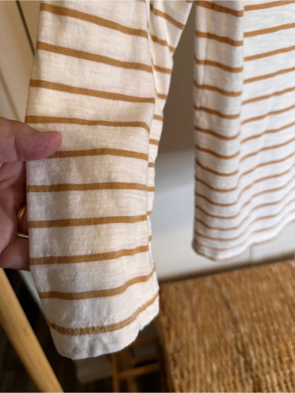 J. Crew Crewneck Long-Sleeve White Top with Tan Stripes